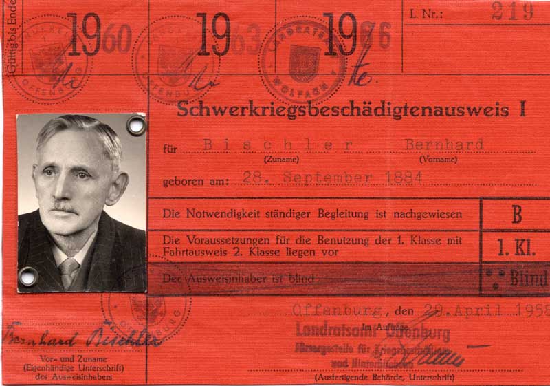 Schwerkriegsbeschädigtenausweis von Bernhard Bischler, 1958 (Archiv des IGPP, 10/16_1)