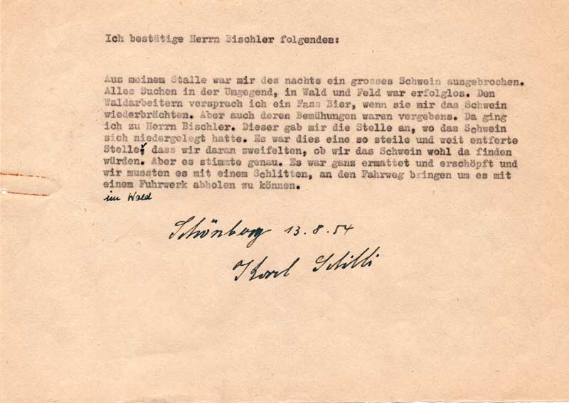Bestätigungsschreiben über die Fähigkeiten von Bernhard Bischler, August 1954 (Archiv des IGPP, E/23_1010)
