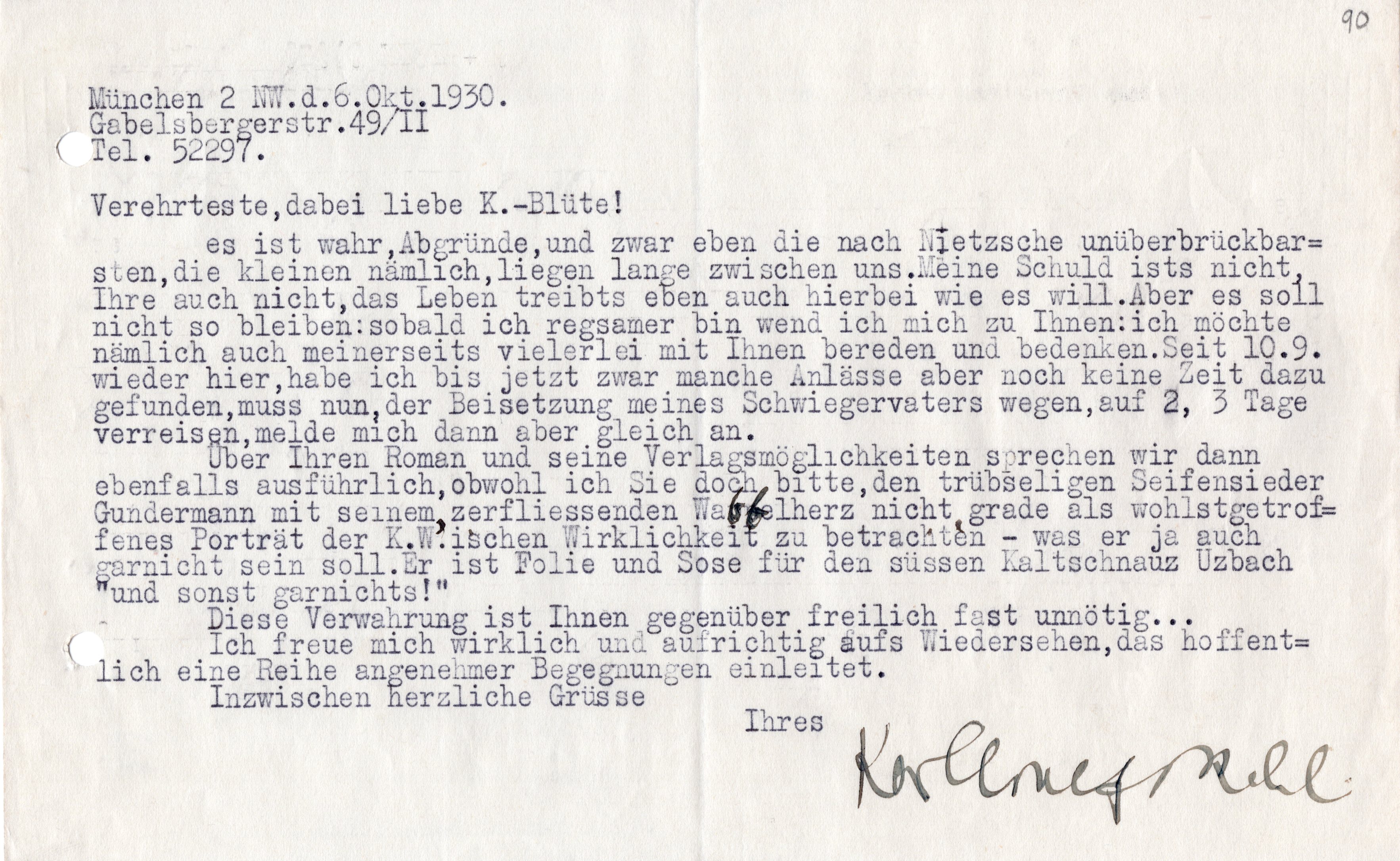 Schreiben von Karl Wolfskehl an Gerda Walther vom 6.10.1930 (Archiv des IGPP, 10/6_24)