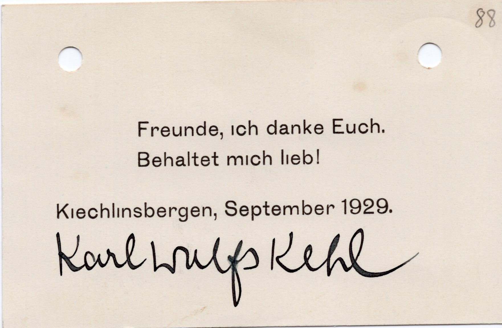 Visitenkarte von Karl Wolfskehl: Wolfskehl und seine Familie hatten seit 1915 einen weiteren Wohnsitz in Kiechlinsbergen am Kaiserstuhl (Archiv des IGPP, 10/6_24)