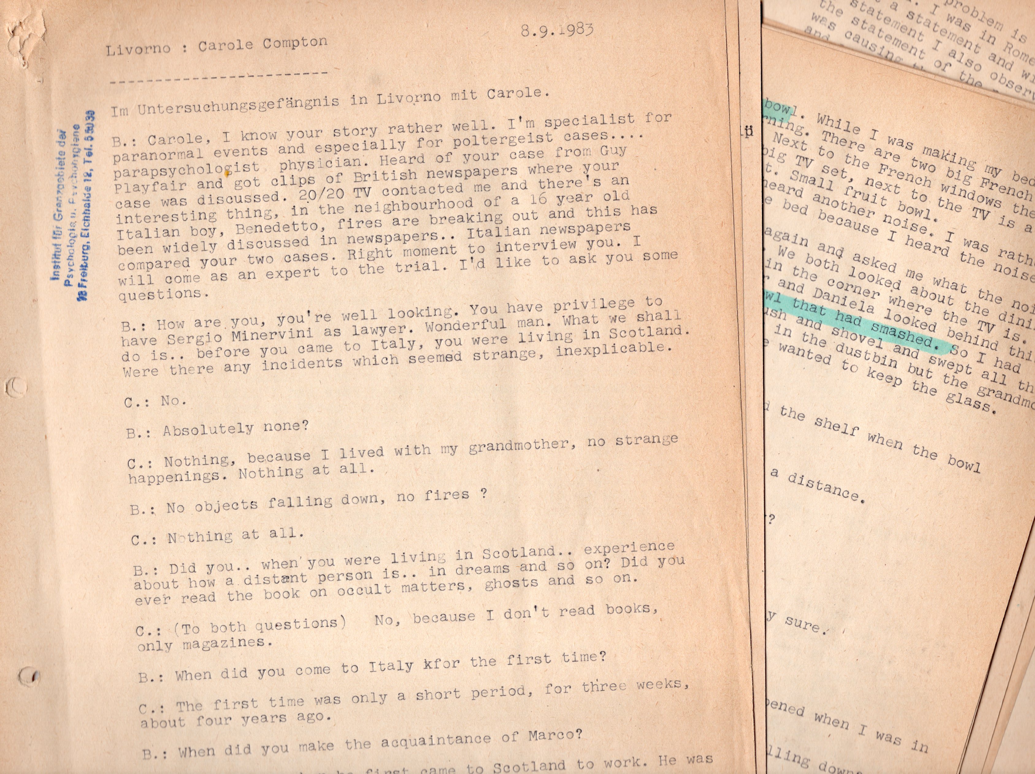 Transkript eines Gesprächs von Hans Bender mit Carole Compton in Livorno (8.9.1983)(Archiv des IGPP)