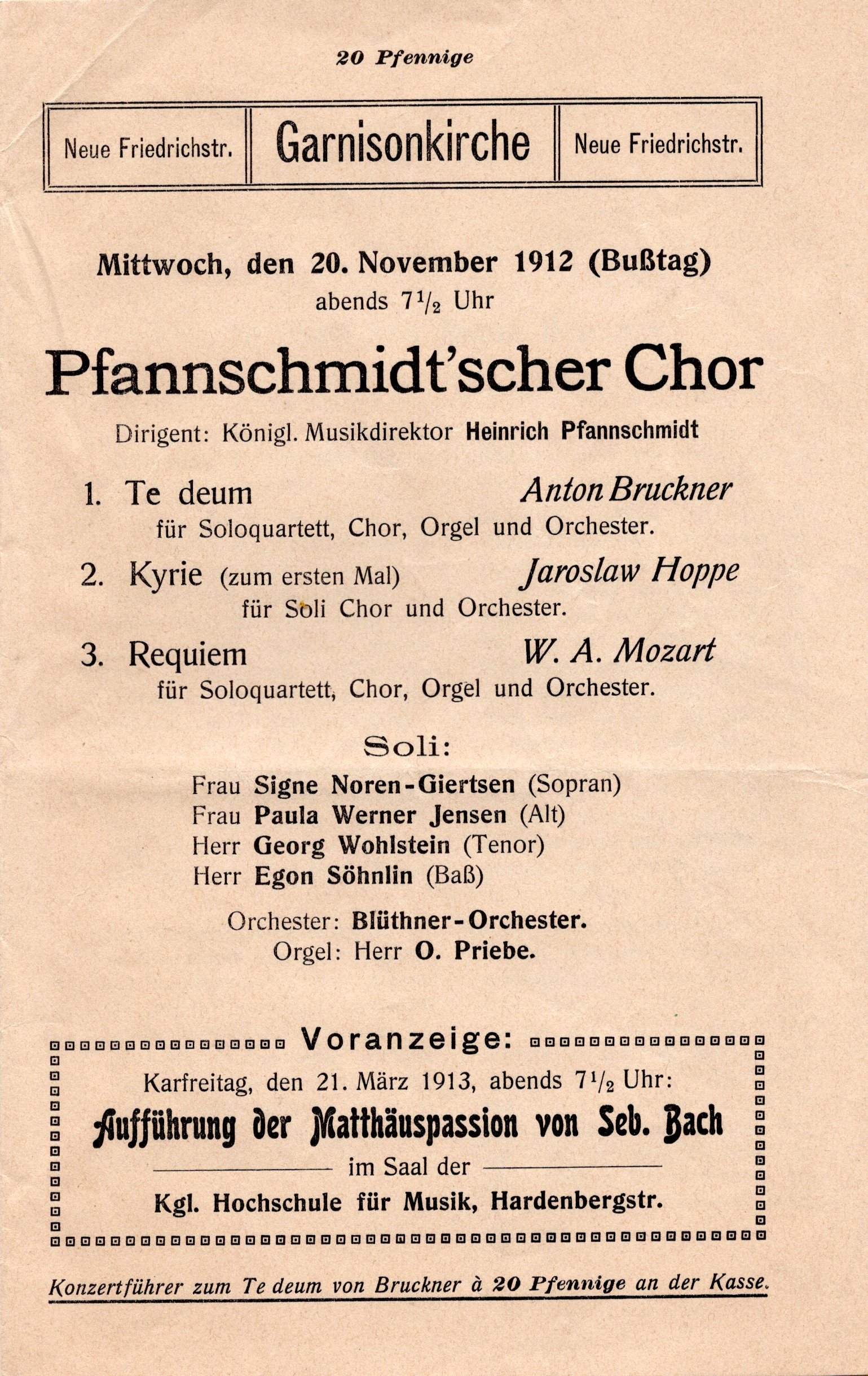 Programmheft: Pfannschmidt'scher Chor, Garnisonskirche Berlin (20.11.1912) (Archiv des IGPP)