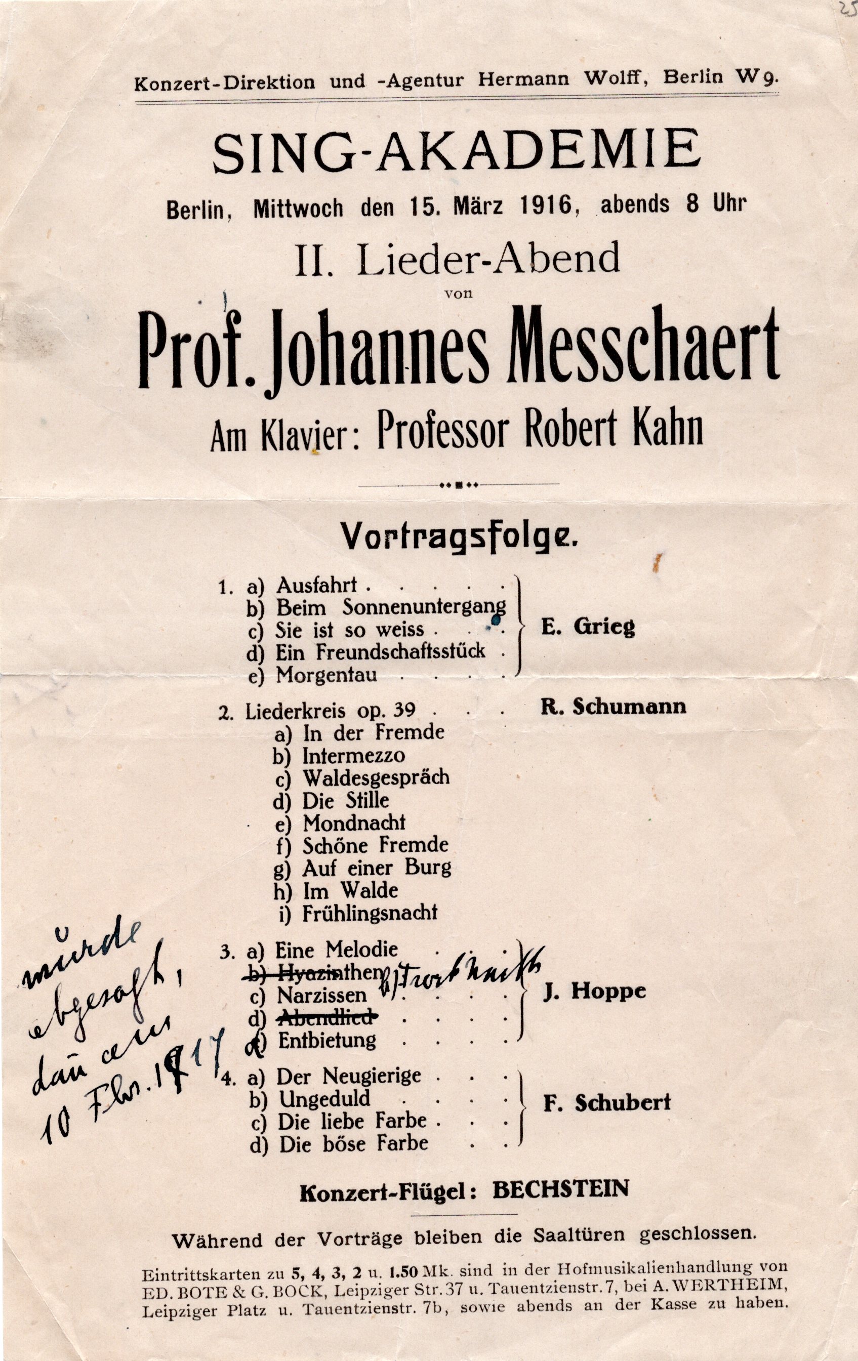 Programmblatt: Liederabend von Prof. Johannes Messchaert, Sing-Akademie Berlin (15.3.1916) (Archiv des IGPP)