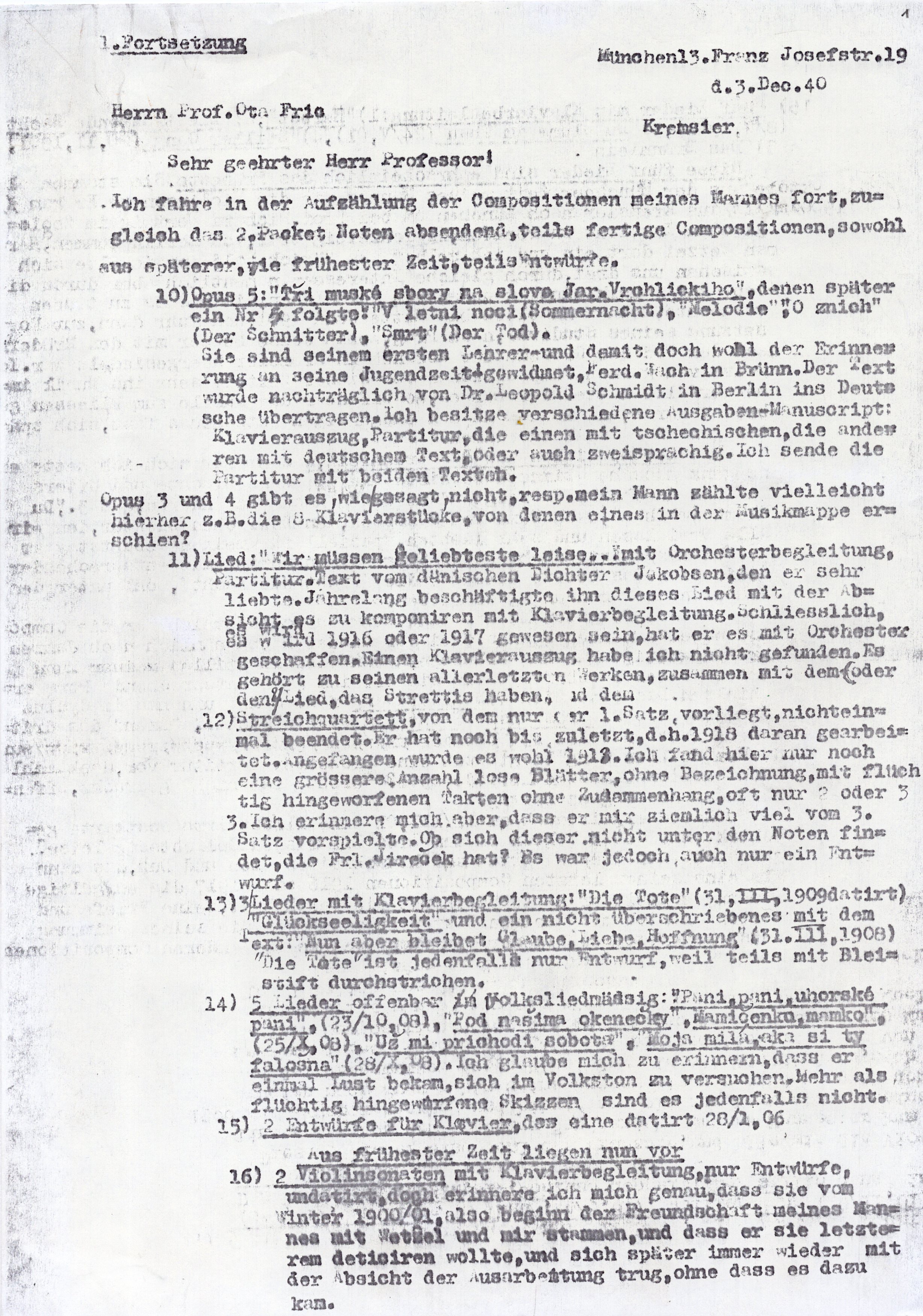 Schreiben (Ausschnitt) von Fanny Hoppe-Moser an Ota Fric (3.12.1940) (Archiv des IGPP)